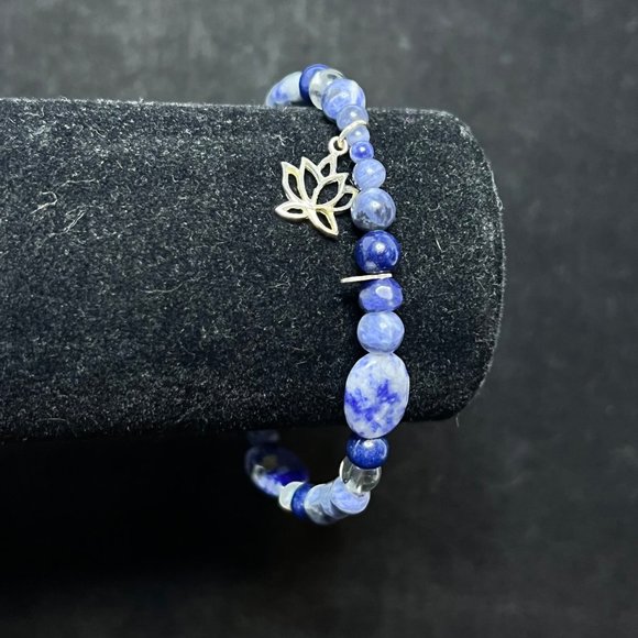 Marsala Co Sodalite, Faux Pearl & Sterling Silver Bracelet W/Lotus Charm (3787) - Picture 1 of 4